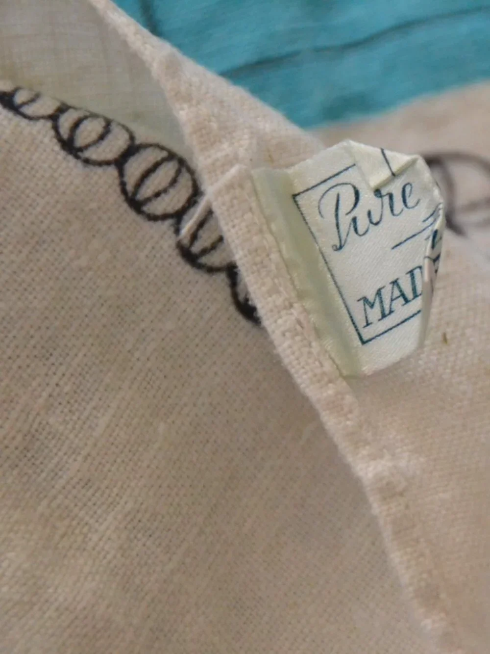 Vintage Mid-Century 100% Linen Tablecloth Fruit Turquoise Gold 57